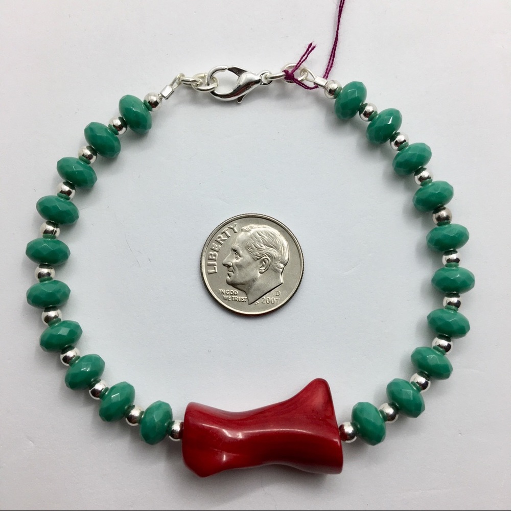Handmade turquoise and red coral bracelet